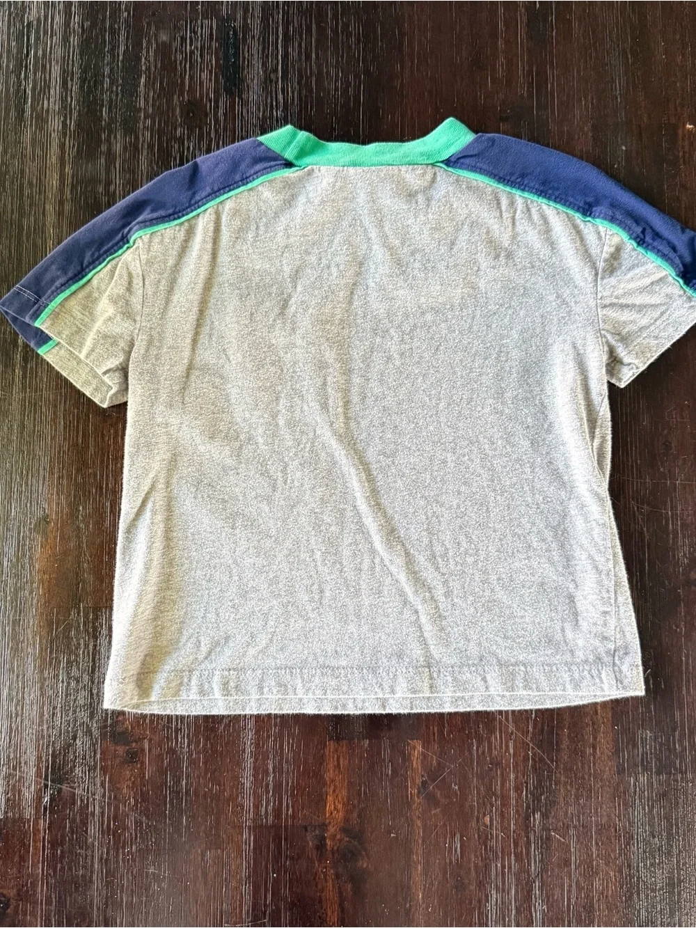 Hanna Andersson Grey Tee with Navy Shoulders and Bright Green Trim